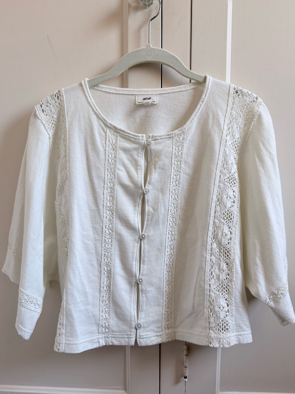 AERIE White Crochet-Trim Button Front Cotton Top